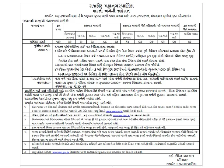 Rajkot Municipal Corporation (RMC) Recruitment for JR.CLERK 2021.